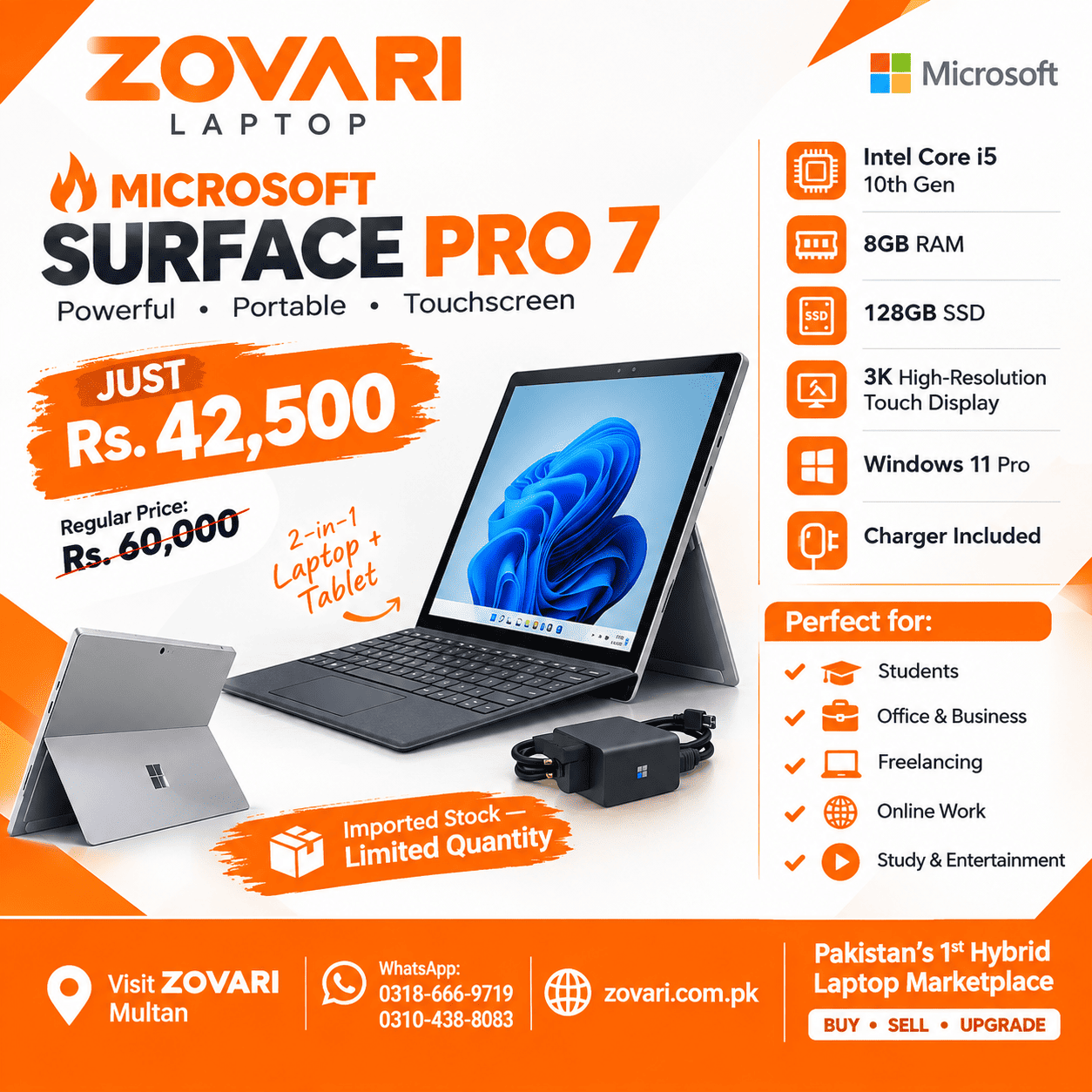 Microsoft Surface Pro 7 | Core i5 10th Gen | 8GB DDR4 | 128GB SSD | 3K Touch | Detachable | Limited Time Offer