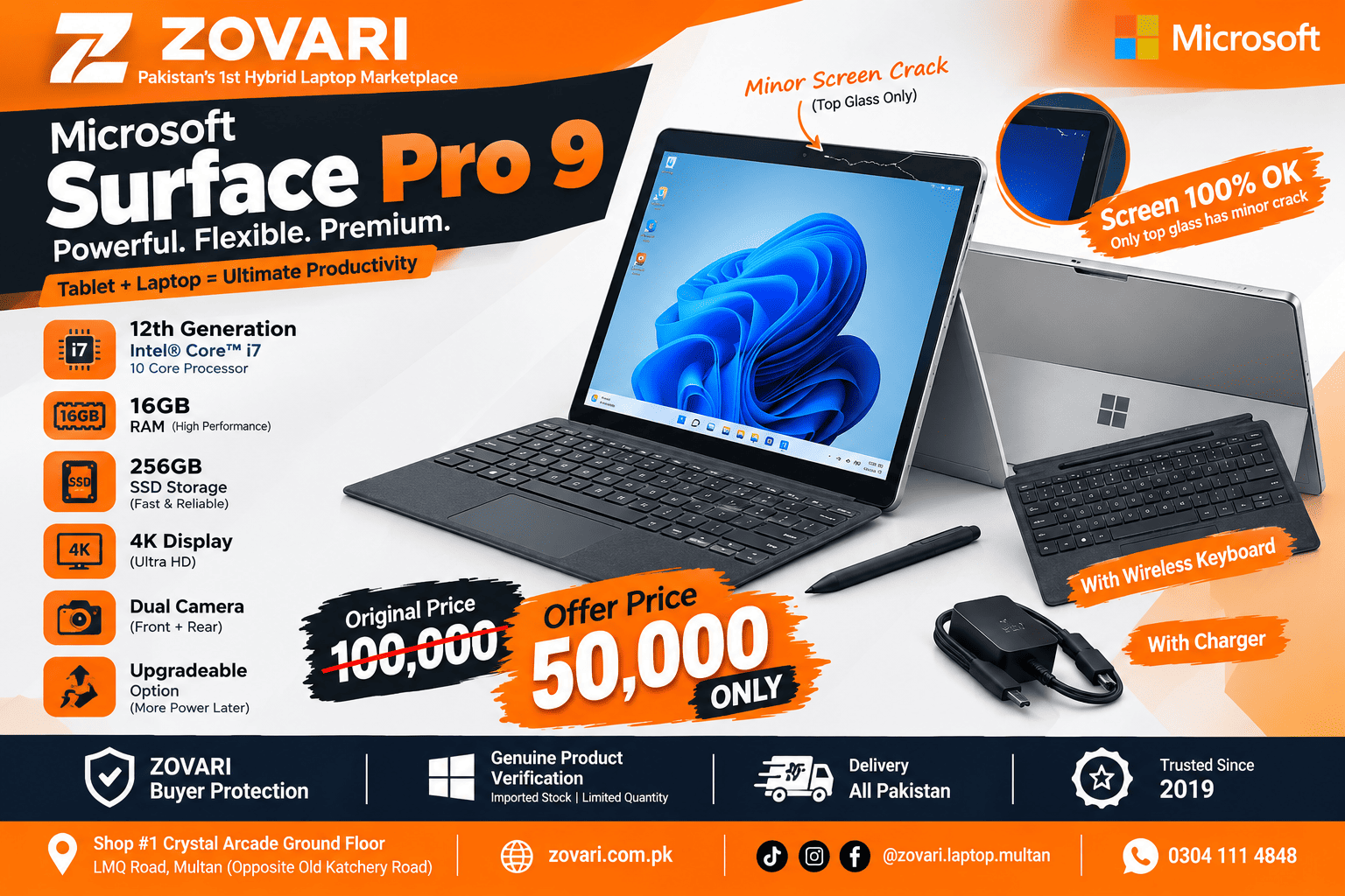 Microsoft Surface Pro 9 Core i7 12th Gen 10-Core 16GB RAM 256GB SSD Touch Display + Wireless Keyboard – Minor Screen Crack – Price in Pakistan